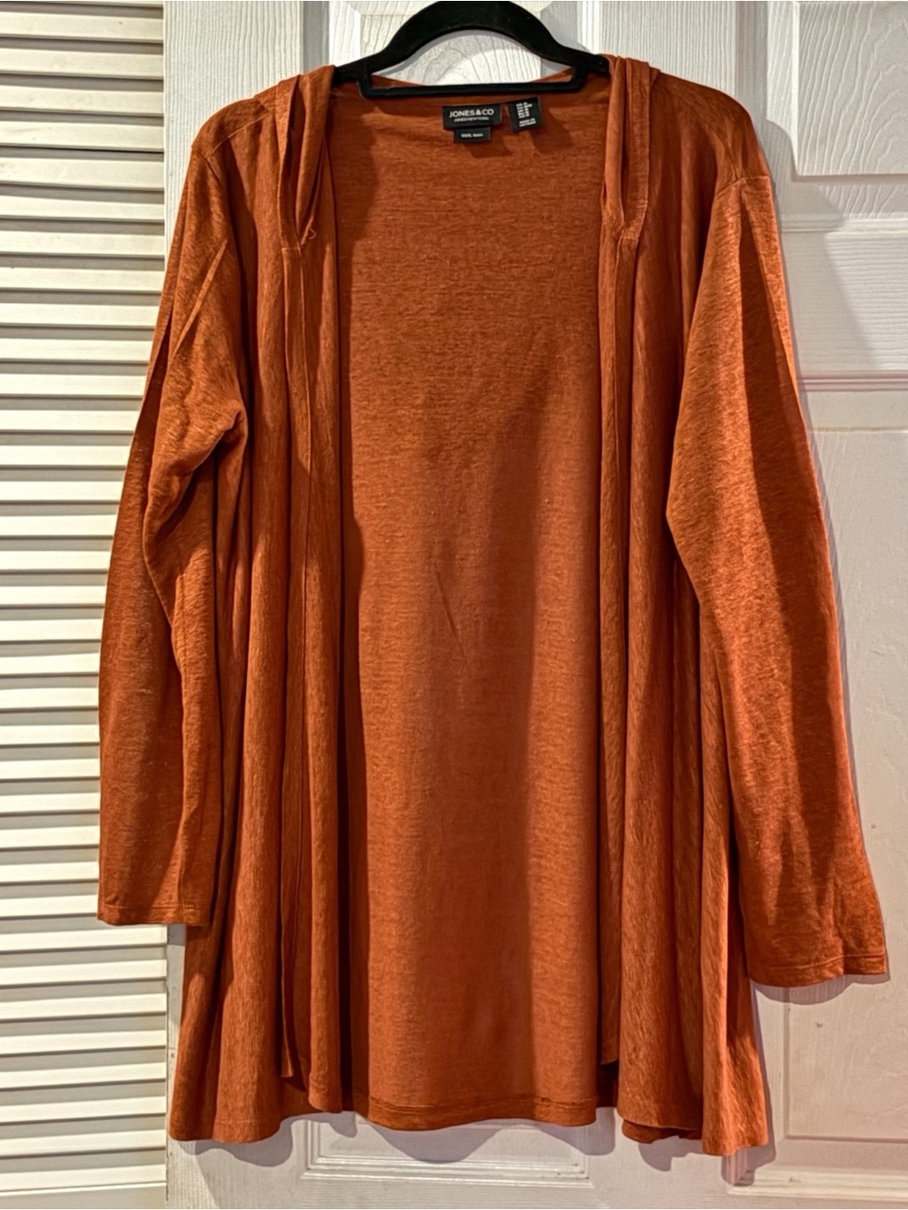 Jones New York 100% Linen Hooded Cardigan M Rust Copper Open Front Drape Tunic